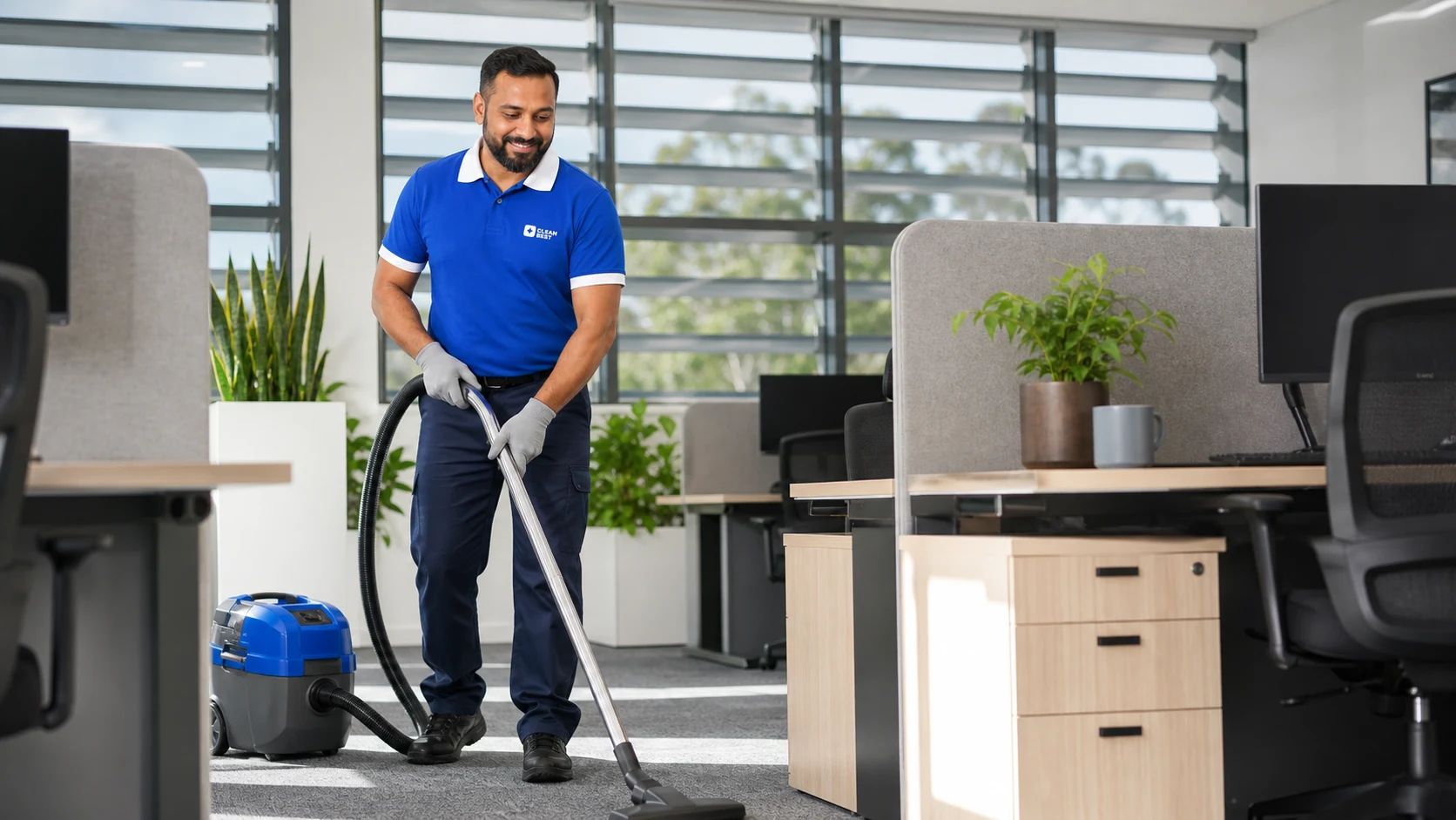 Clean Best cleaner wiping desks in a warehouse front office in Wetherill Park NSW