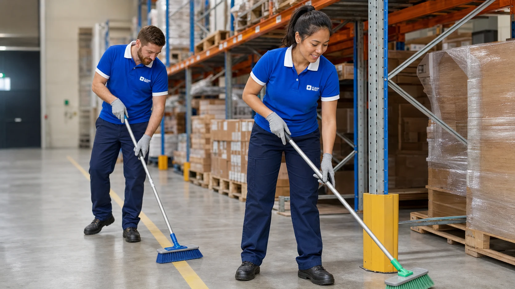 Clean Best operator running a ride-on floor scrubber down a racking aisle in a Wetherill Park warehouse NSW